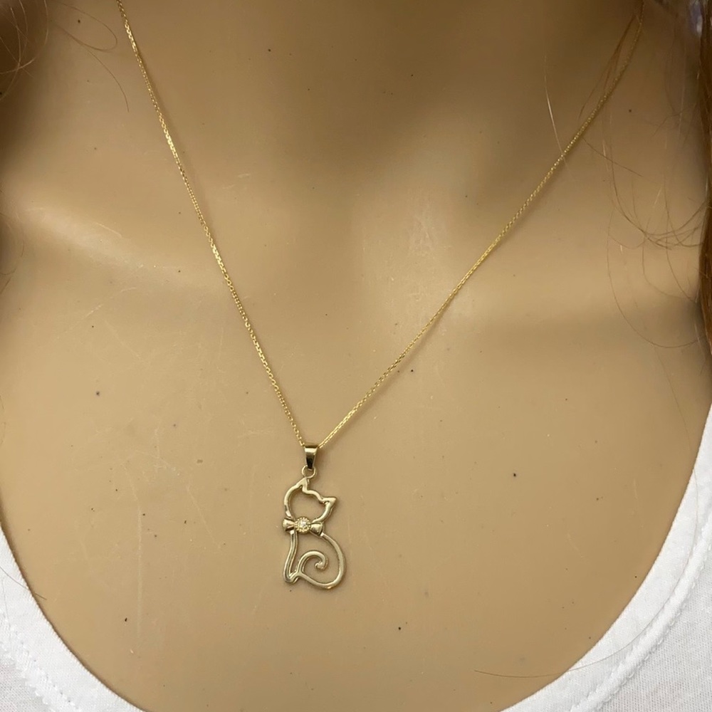 10k Solid Gold Diamond Openwork Cat Necklace - image 1